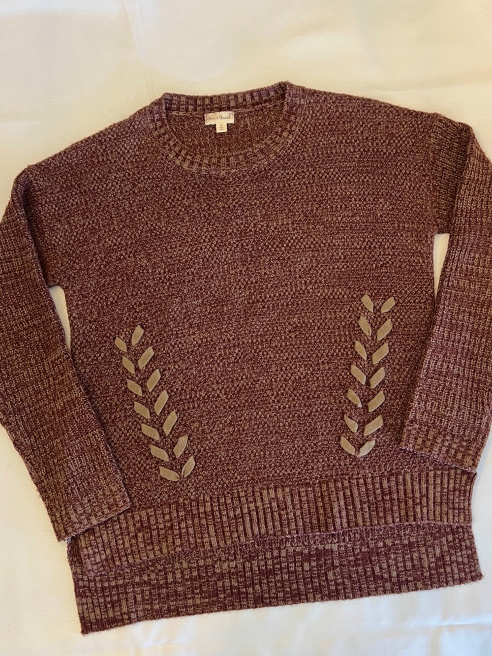 Hem & Thread Plum Marled Crewneck Sweater with Leaf Stitching
